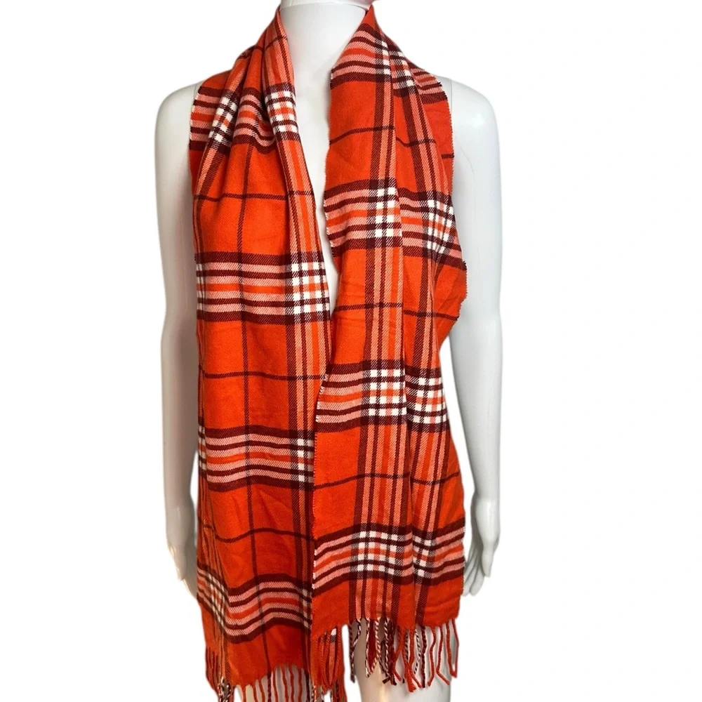 Orange Plaid Scarf Fringe Cashmere- Like Unisex